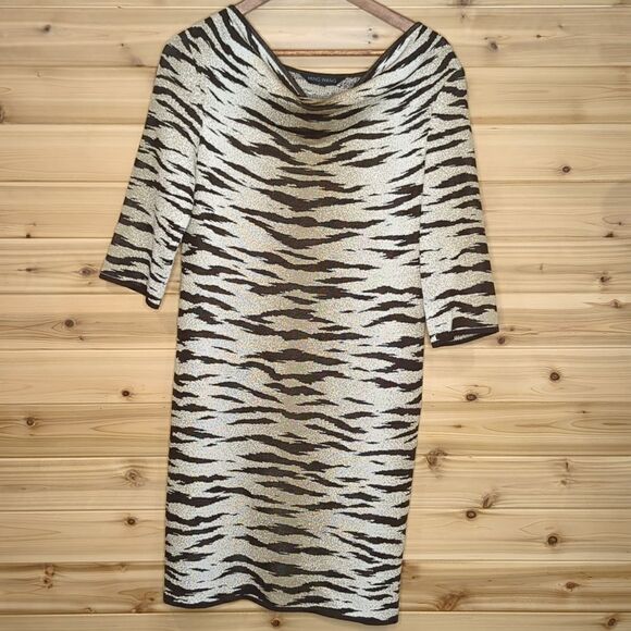 Ming Wang Sweater Dress Petite Small Cowl Neck Brown Animal Print - Picture 1 of 10